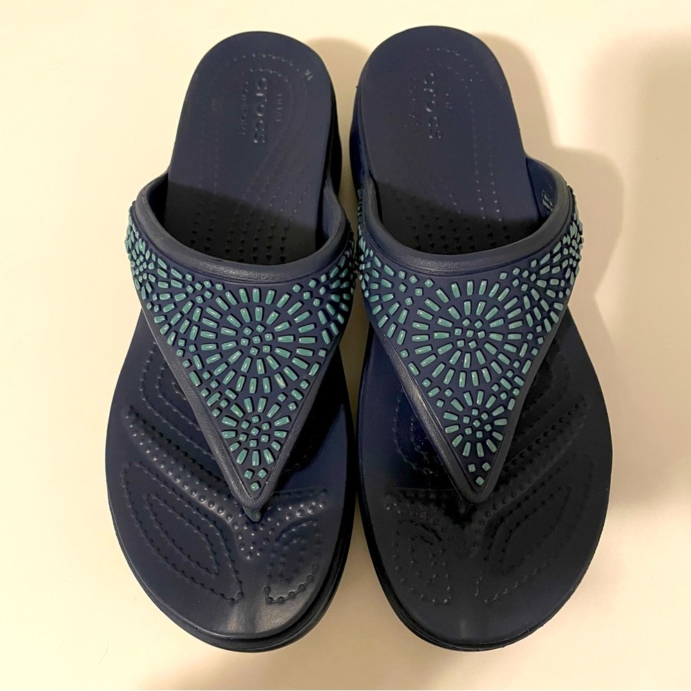 Crocs Monterey Diamanté Women's Wedge Slide Sandals, Navy, Size 8